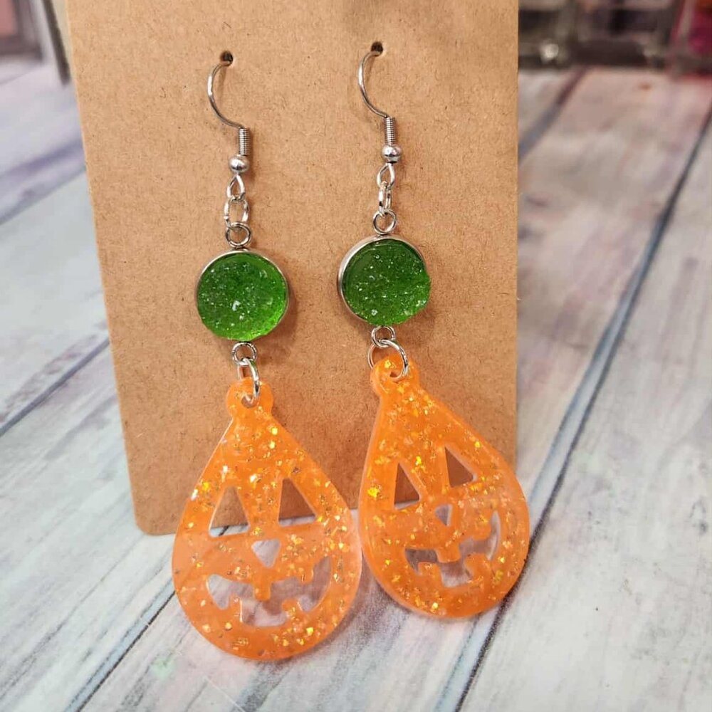 Halloween Teardrop Earrings with Green Druzy Accent